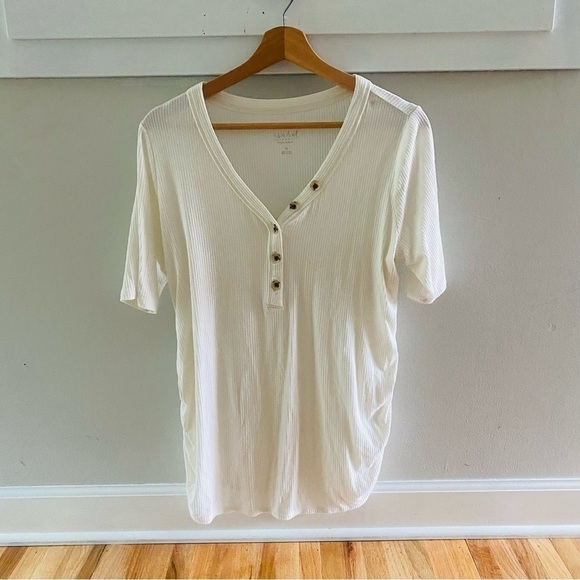 Isabel Maternity Henley Ribbed Short Sleeve Shirt Cream Size Medium - Picture 2 of 7
